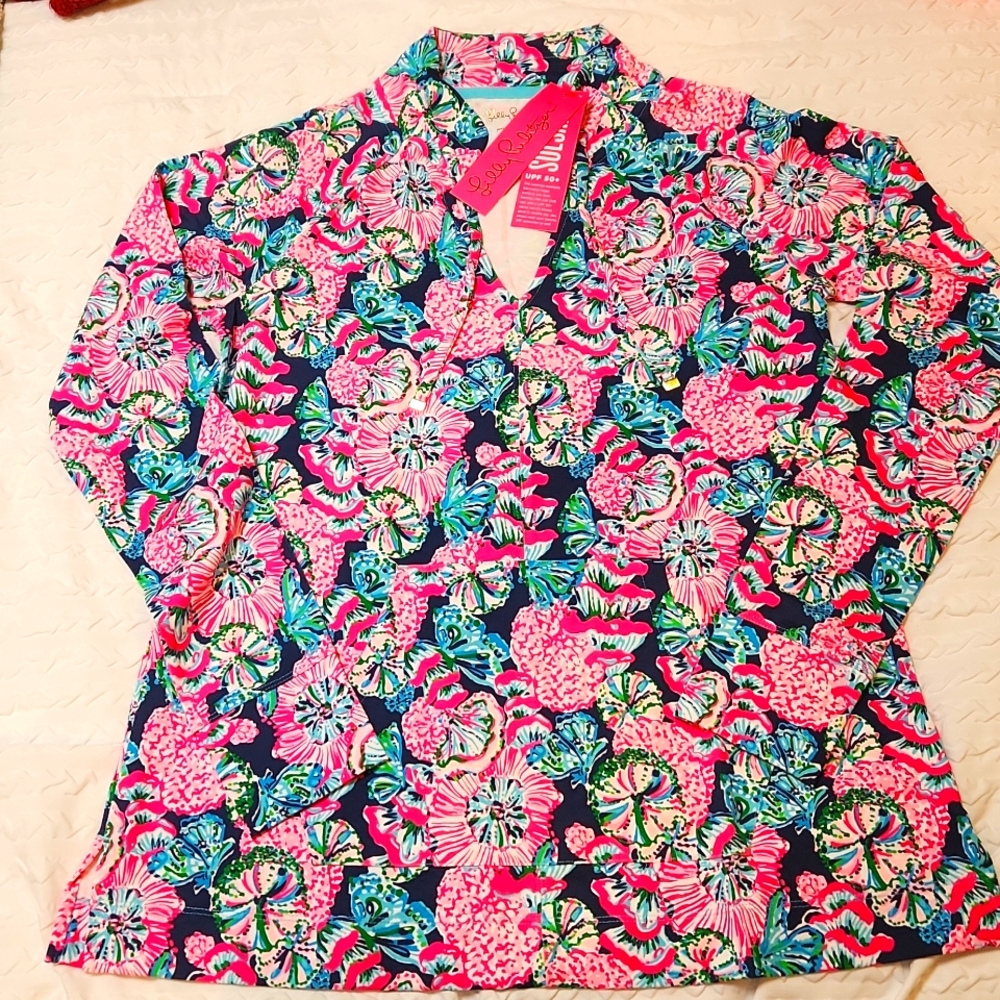 Lilly Pulitzer Cassi Popover Kangaroo Pouch Drawstring Neck Navy Coral Women's M
